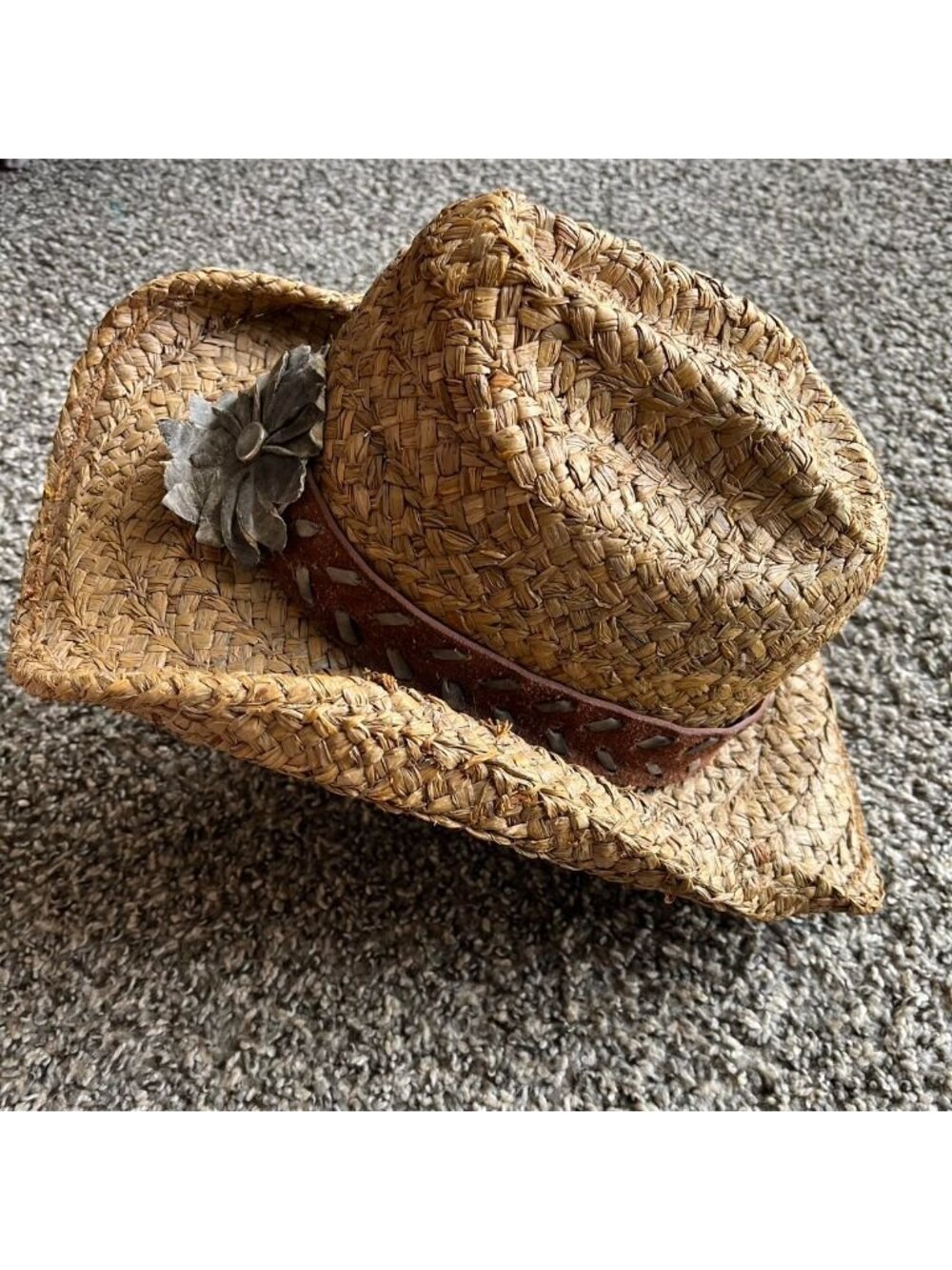 Bullhide Straw Women's Brown and Tan Cowgirl Hat Leather Flower Western Horse - Picture 2 of 7